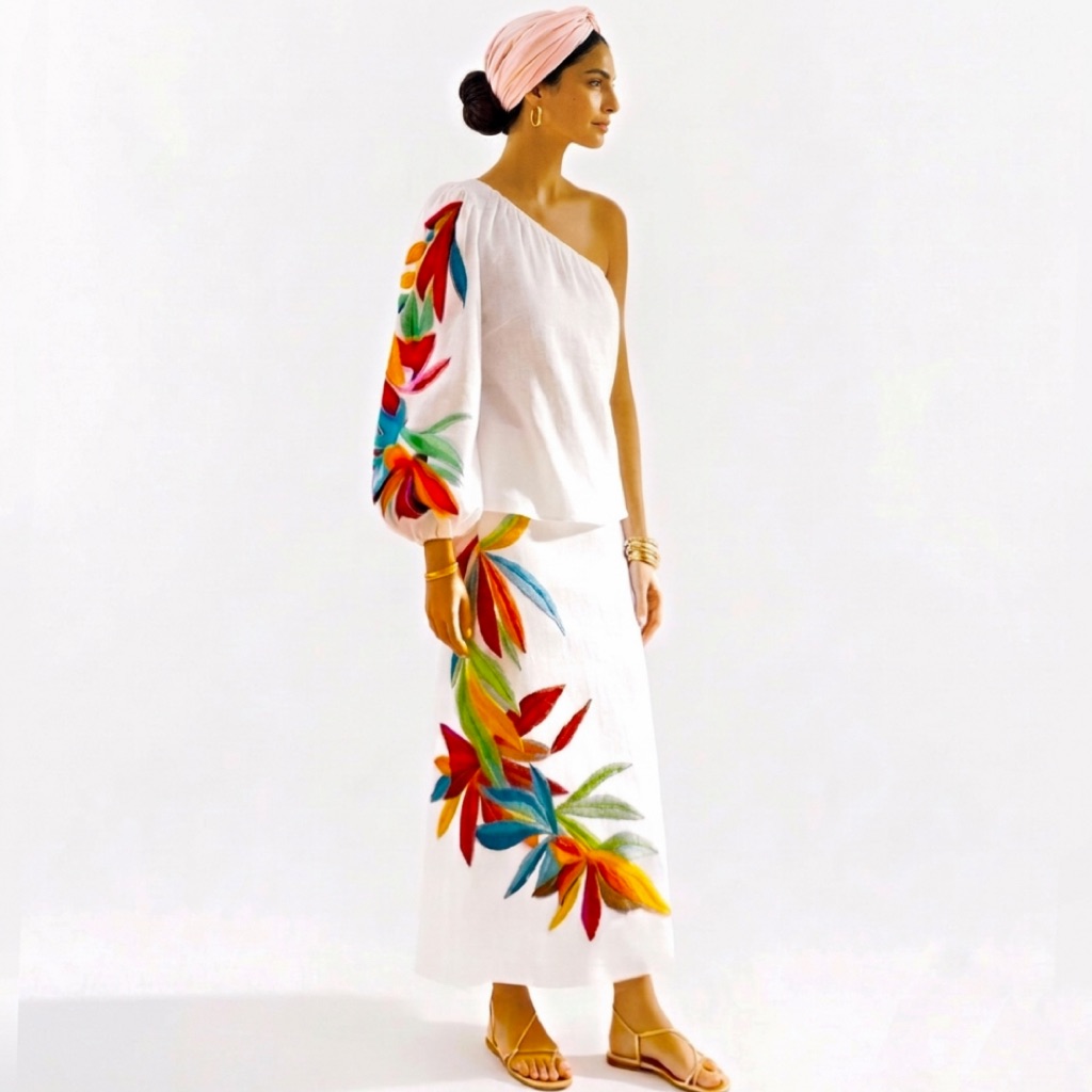 Maria Oliver Embroidered 2-Piece Skirt Top Set Size Small